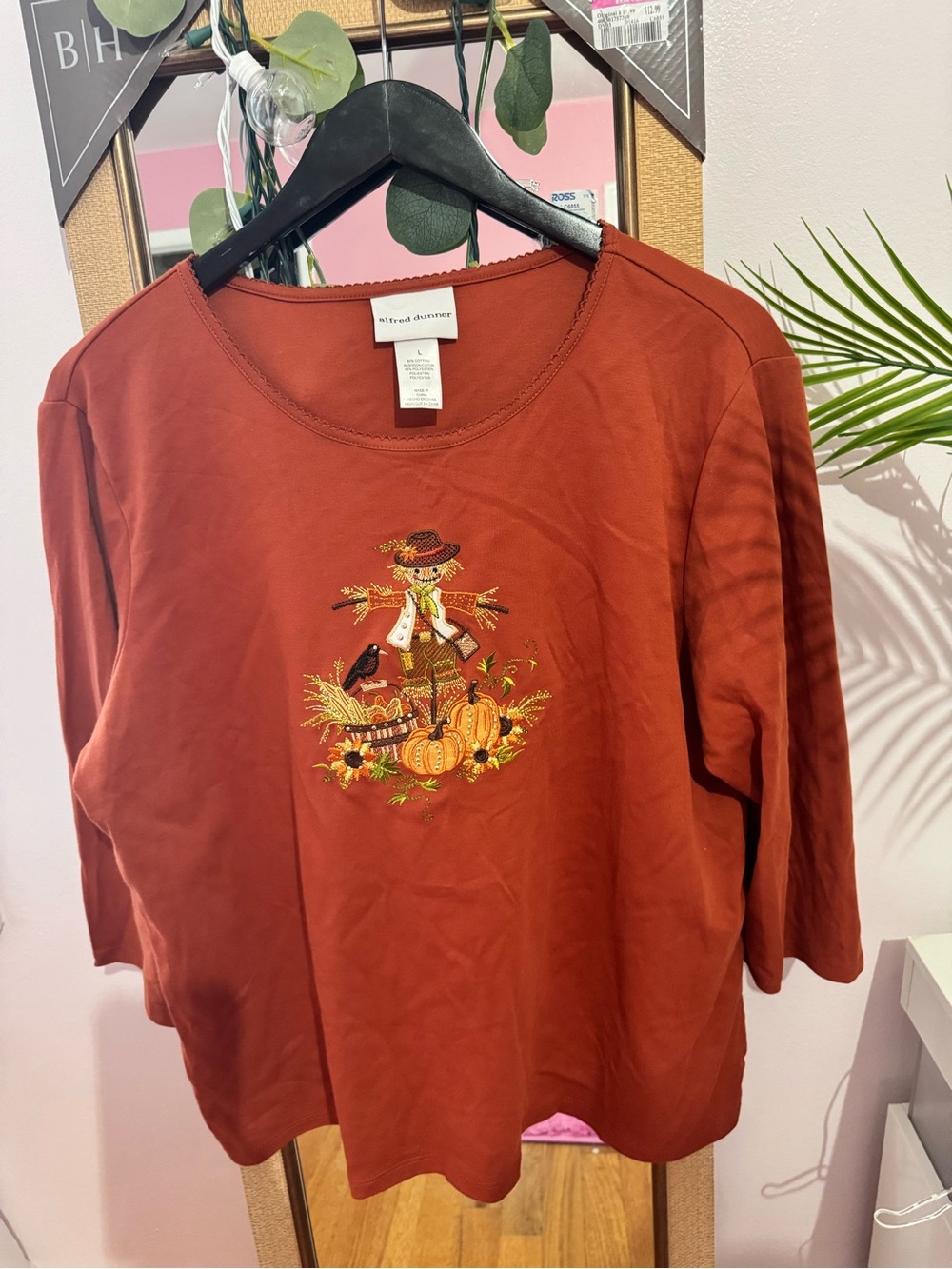 Alfred Dunner Rust Orange Long-Sleeve Top with Fall Scarecrow Embroidery